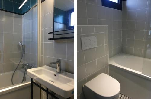 two pictures of a bathroom with a toilet and a sink at Hotel Cantosorgue in LʼIsle-sur-la-Sorgue
