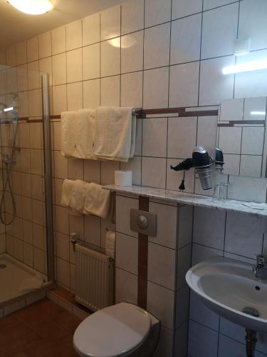 a bathroom with a toilet and a sink at Hotel Köln-Bonn in Bornheim