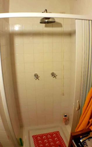 a shower with two faucets and a red rug at Appartamento Melograno in casale con piscina - Val d'Orcia in Radicofani