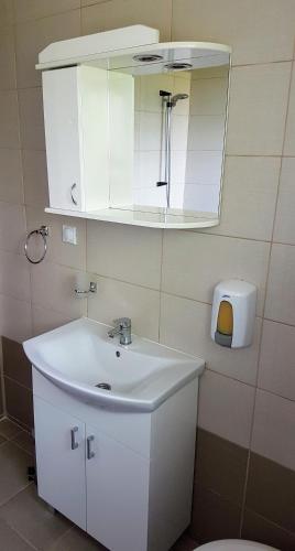 a bathroom with a white sink and a mirror at Apartmani Smiljanic app 3 in Soko Banja