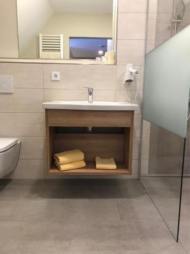 a bathroom with a sink and a mirror and towels at Hotel-Gasthof Neue Post in Leutershausen