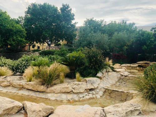 a garden with rocks and plants and trees at Molí Fariner Casa Rural in Agullent