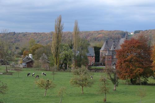 a group of cows grazing in a field with houses at Mille Fleur Apartments in Voeren