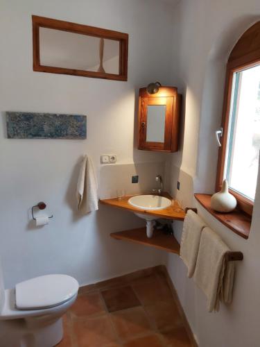 a bathroom with a sink and a toilet and a mirror at Cortijo El Molino Apartamento"El balconcito" in Níjar