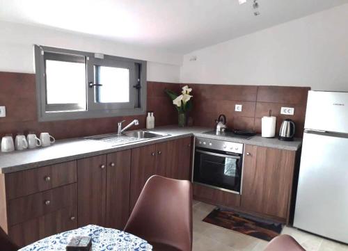 a kitchen with wooden cabinets and a sink and a refrigerator at InStyle Zakynthos town Apartment in Zakynthos Town