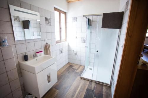 a bathroom with a sink and a shower at Chalupa Pohoda in Vrbice