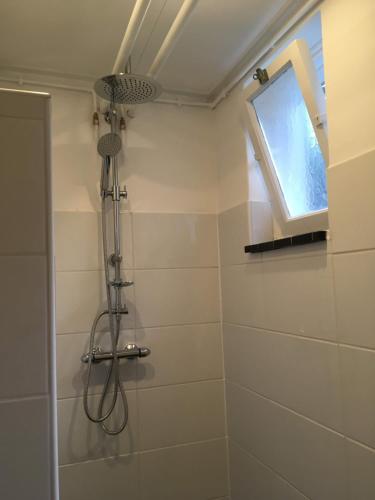 baño con ducha y ventana en Vakantieappartement Stal Rhosyr, en Laren