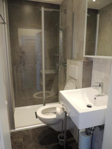 a bathroom with a shower and a toilet and a sink at Märchenwald Steiermark Gasthof Sonnenhof in Sankt Georgen ob Judenburg