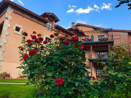 a building with red roses in front of it at Apartamentos Alquitara in Potes