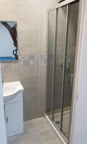 une salle de bain avec douche et lavabo dans l'établissement Au coeur de nos campagnes, à Lachapelle-Saint-Pierre