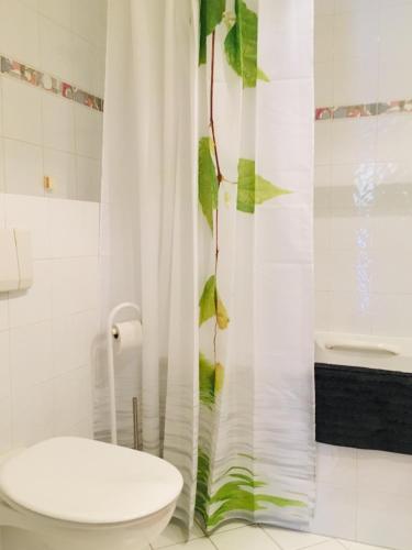 a bathroom with a toilet and a shower curtain at Ferienwohnung Koko in Solingen