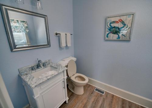 a bathroom with a toilet and a sink and a mirror at Outer Banks Motel - Village Accommodations in Buxton