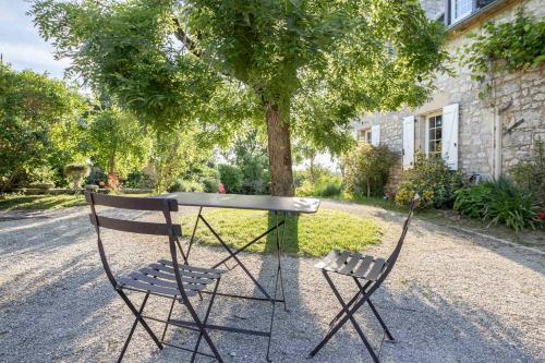 a table and two chairs sitting in front of a tree at Domaine La Garenne in Reilhaguet