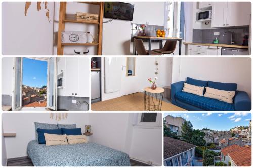 un collage de photos d'une cuisine et d'un salon dans l'établissement Aux pieds de la Bonne Mère - Centre - Wifi, à Marseille