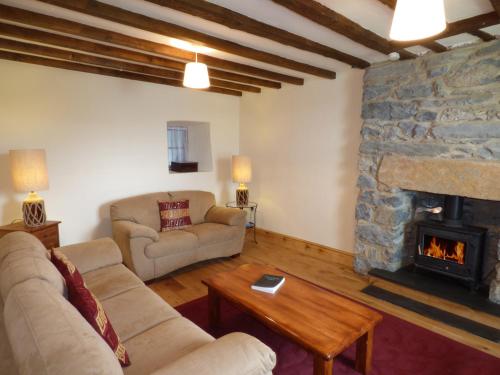 a living room with a couch and a fireplace at Ffynnon Gower in Llangower