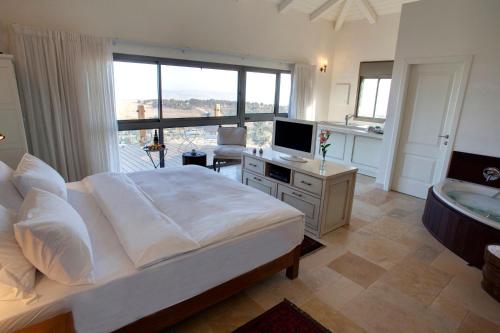 a bedroom with a bed and a television and a tub at Boutique Hotel Tamarin in Rosh Pinna