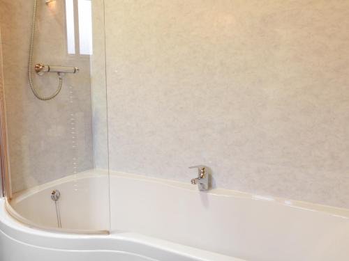 a white bath tub with a glass shower backdoor at Holly Lodge in Bodmin