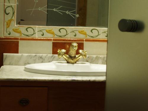 ein Waschbecken mit einem Goldfrosch darauf in der Unterkunft Hotel El Yedron in Aldeanueva de la Vera
