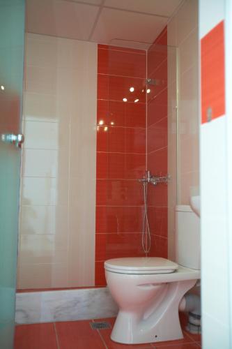 a bathroom with a toilet and a glass shower at Ammos Beach in Glífa