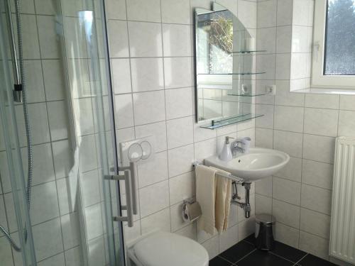 ein Bad mit einem WC, einem Waschbecken und einer Dusche in der Unterkunft Pension Fürstenhof in Villach