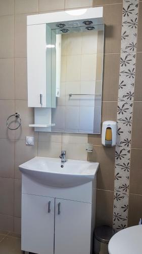 a bathroom with a white sink and a mirror at Apartmani Smiljanic Sokobanja in Soko Banja