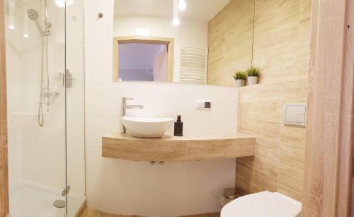 a bathroom with a sink and a toilet and a shower at Restauracja Venus in Ostrowiec Świętokrzyski