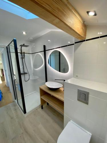 une salle de bain avec toilettes, lavabo et miroir dans l'établissement Bel appartement vue mer - 1er rang front de mer, à Saint-Jean-de-Luz