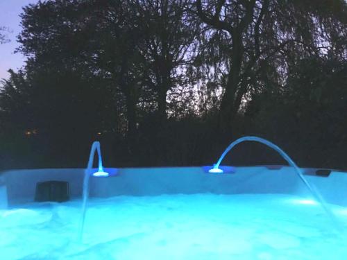a swimming pool at night with two lights in it at Wellness Chalet No10 in Kellenhusen