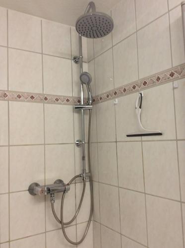 a shower with a shower head in a bathroom at Wellness Apartment Sankt Englmar in Sankt Englmar