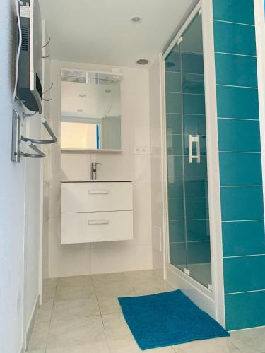 une salle de bain avec une douche en verre et un lavabo dans l'établissement le corsaire, à Sète