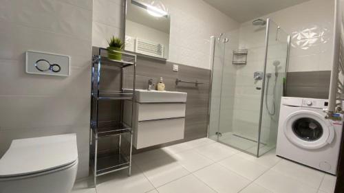 a bathroom with a shower sink and a washing machine at Apartament Eden 5 Mórz Basen&Spa in Sianozety