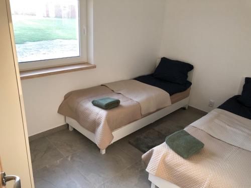 two beds in a small room with a window at Villa Ievyne 2 in Paežeriai
