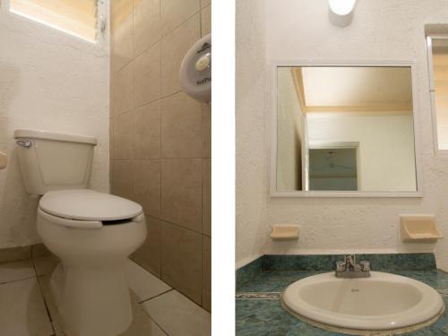 two pictures of a bathroom with a toilet and a mirror at Hotel Parotas Manzanillo in Manzanillo