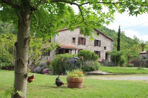 a house with chickens in a yard with a tree at Mas Manyaques in Le Tech