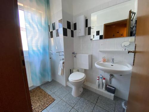 a white bathroom with a toilet and a sink at Ferienwohnung Bornheim Hersel in Bornheim