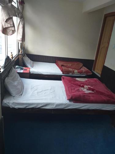 two beds in a room with red pillows on them at Punar Inn Hotel in Skardu