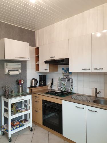 a kitchen with white cabinets and a stove top oven at AU FIL DES LACS in Précy-Saint-Martin