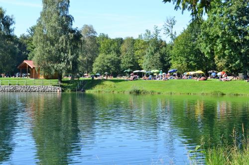 a group of people sitting on the grass near a lake at Niederauer Hof in Neubeuern