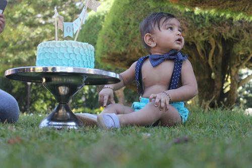 a baby sitting in the grass next to a birthday cake at Savoy - IHCL SeleQtions in Ooty