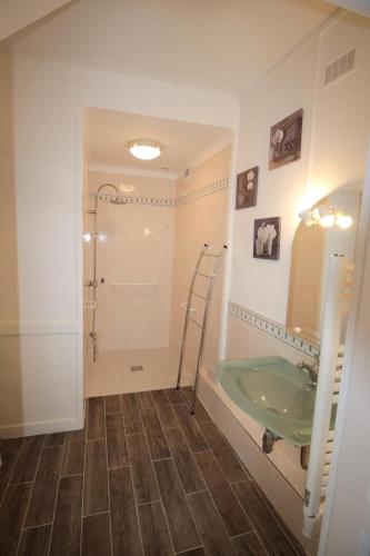 La salle de bains est pourvue d'un lavabo vert et d'une douche. dans l'établissement Hôtel Au Clos Paillé La Roche Posay, à La Roche-Posay