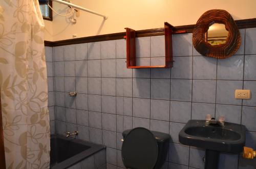 a bathroom with a sink and a toilet and a mirror at Apartamentos Herrera in Puerto Jiménez