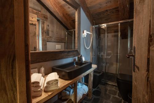 y baño con lavabo y ducha. en Chalet Svizzero Apartments, en Courmayeur