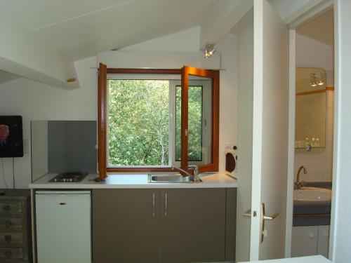 une cuisine avec un évier et une fenêtre dans l'établissement Studio mansardé climatisé les roseaux bord de lac, à Biscarrosse