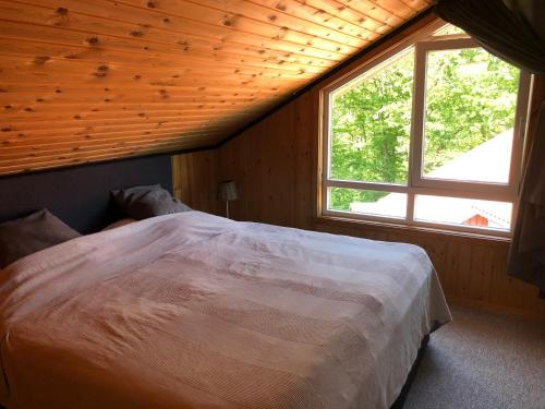 ein Schlafzimmer mit einem großen Bett und einem Fenster in der Unterkunft Hideaway Extertal in Extertal