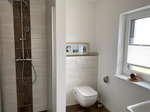 a bathroom with a shower and a toilet and a sink at Ferienhaus Koch in Bad Staffelstein