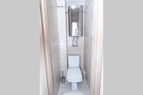 La petite salle de bains est pourvue de toilettes et d'un miroir. dans l'établissement Тараскова 16, Люкс, ЮЗР, à Tcherkassy