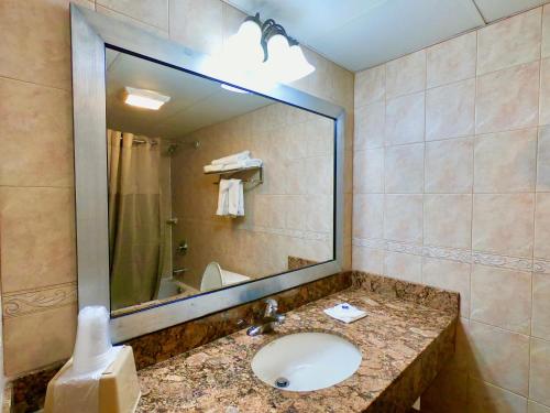 a bathroom with a sink and a large mirror at Motel 6-Levittown, PA - Bensalem in Levittown