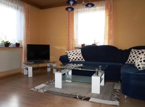 ein Wohnzimmer mit einem blauen Sofa und einem TV in der Unterkunft Ferienwohnung Beate 1 in Ziemetshausen