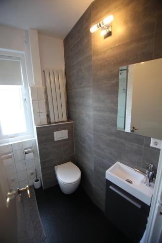a bathroom with a toilet and a sink and a mirror at Deluxe STUDIO-appartement Heemstede Zandvoort in Heemstede