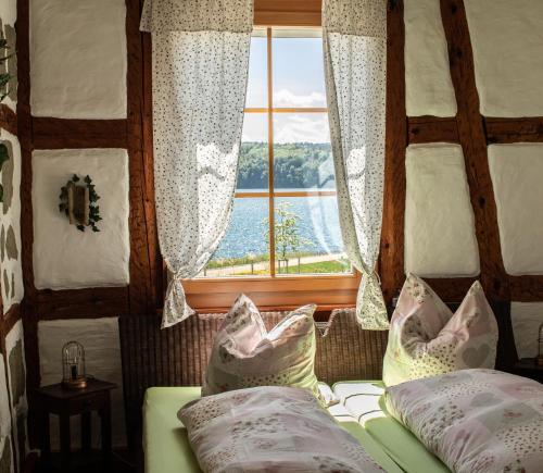 a bedroom with a window and a couch and pillows at Gästehaus zum Felsen in Überlingen